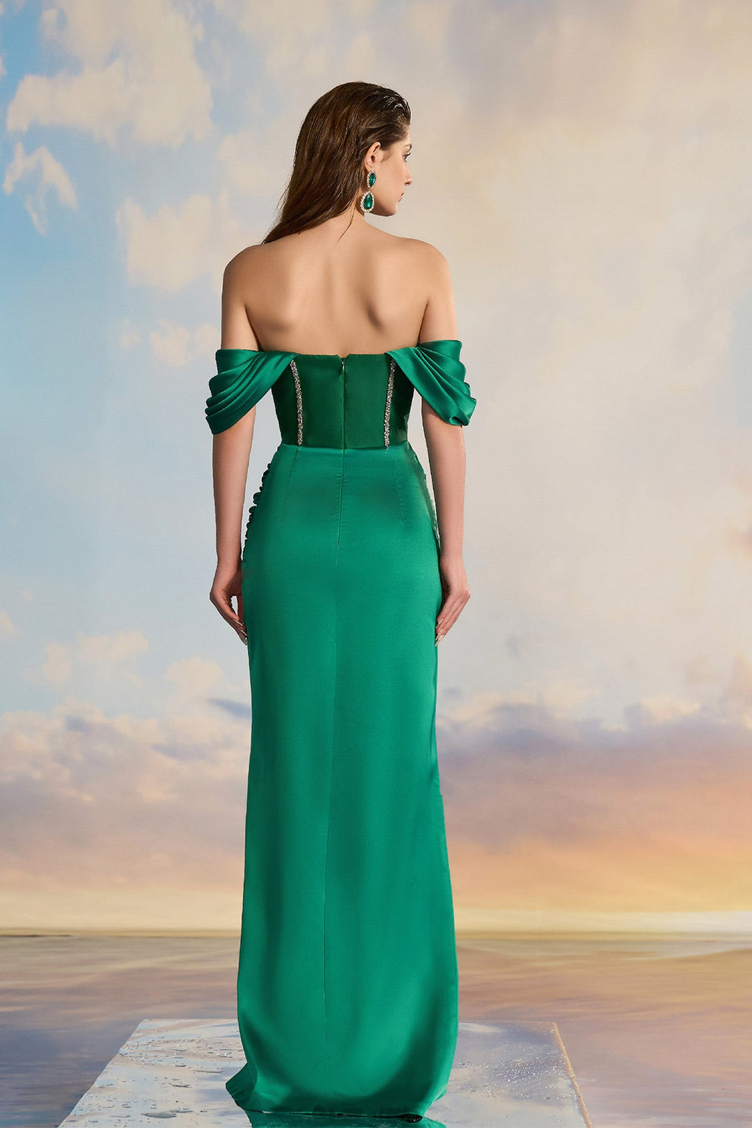 Emerald Green Off-Shoulder Dress White / US 16 Emerald Green Off-Shoulder Dress White / US 16