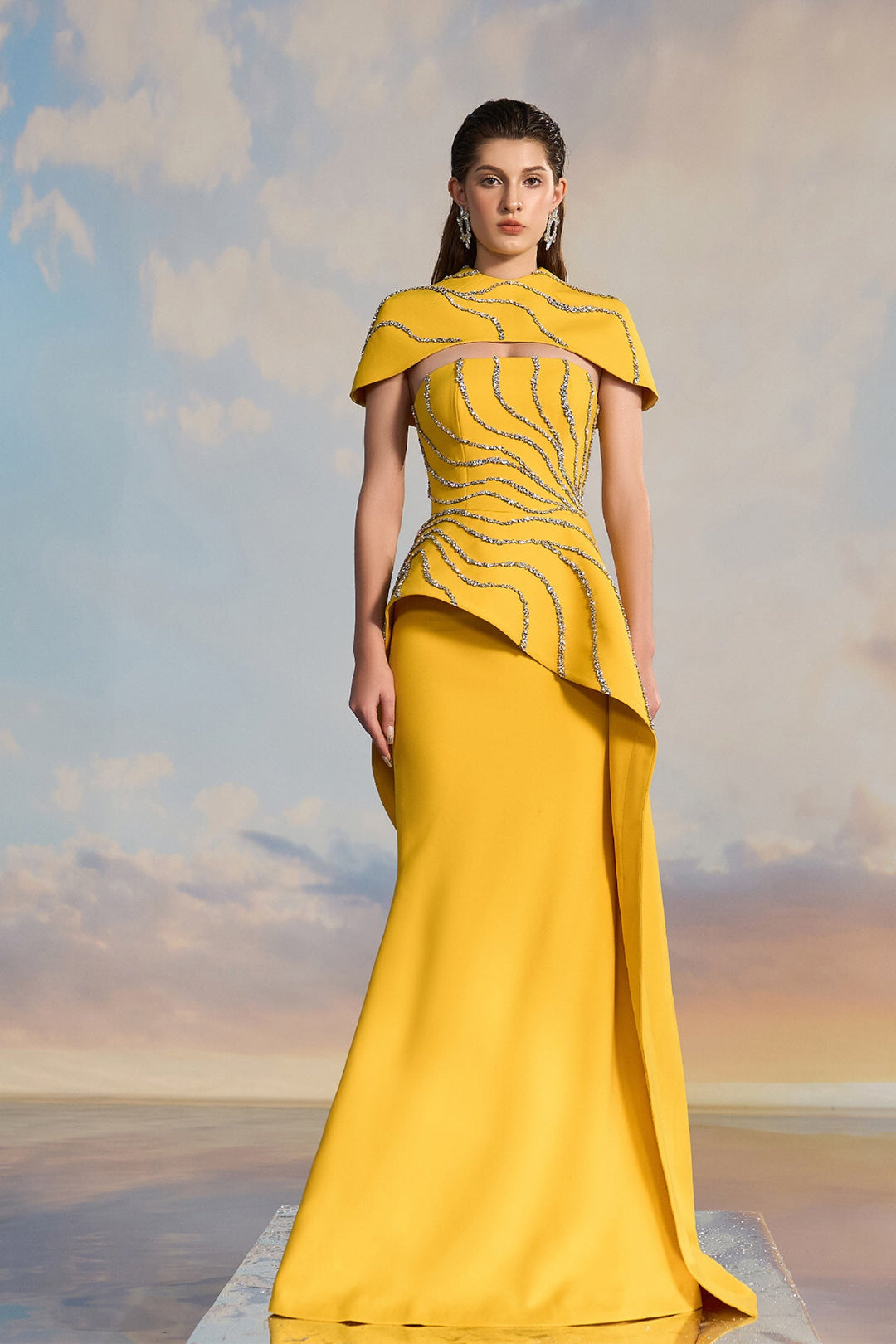 Yellow Crepe Fishtail Dress Yellow / US 18 Yellow Crepe Fishtail Dress Yellow / US 18
