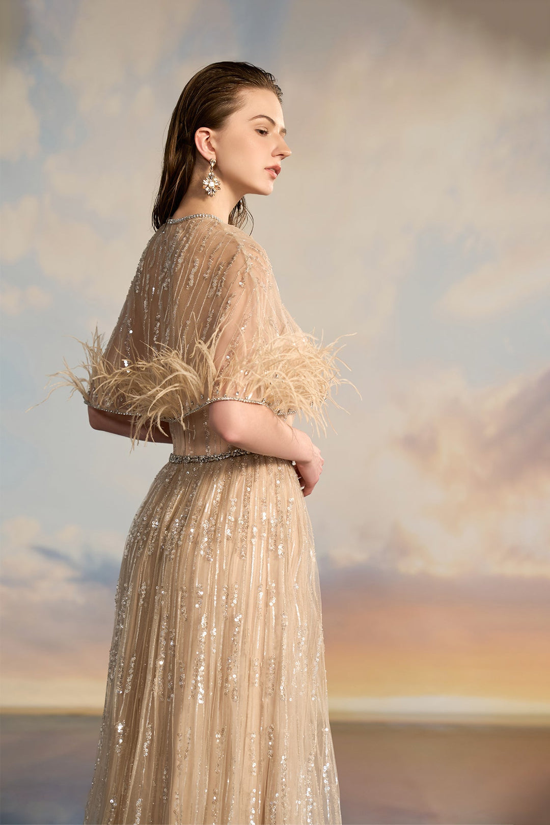 Beige Sequin Lace Pleated Dress Beige / US 14 Beige Sequin Lace Pleated Dress Beige / US 14