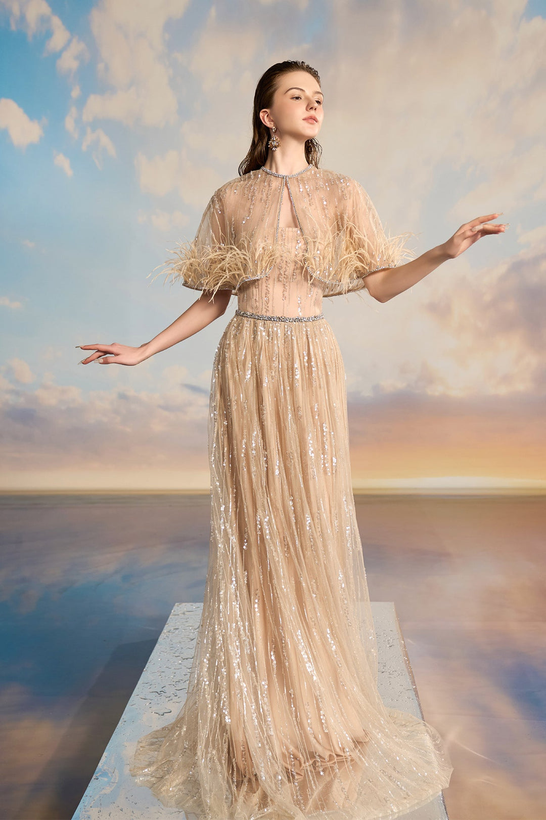 Beige Sequin Lace Pleated Dress Beige / US 12 Beige Sequin Lace Pleated Dress Beige / US 12