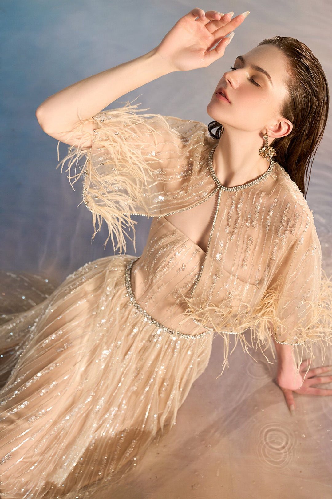 Beige Sequin Lace Pleated Dress Beige / US 14 Beige Sequin Lace Pleated Dress Beige / US 14