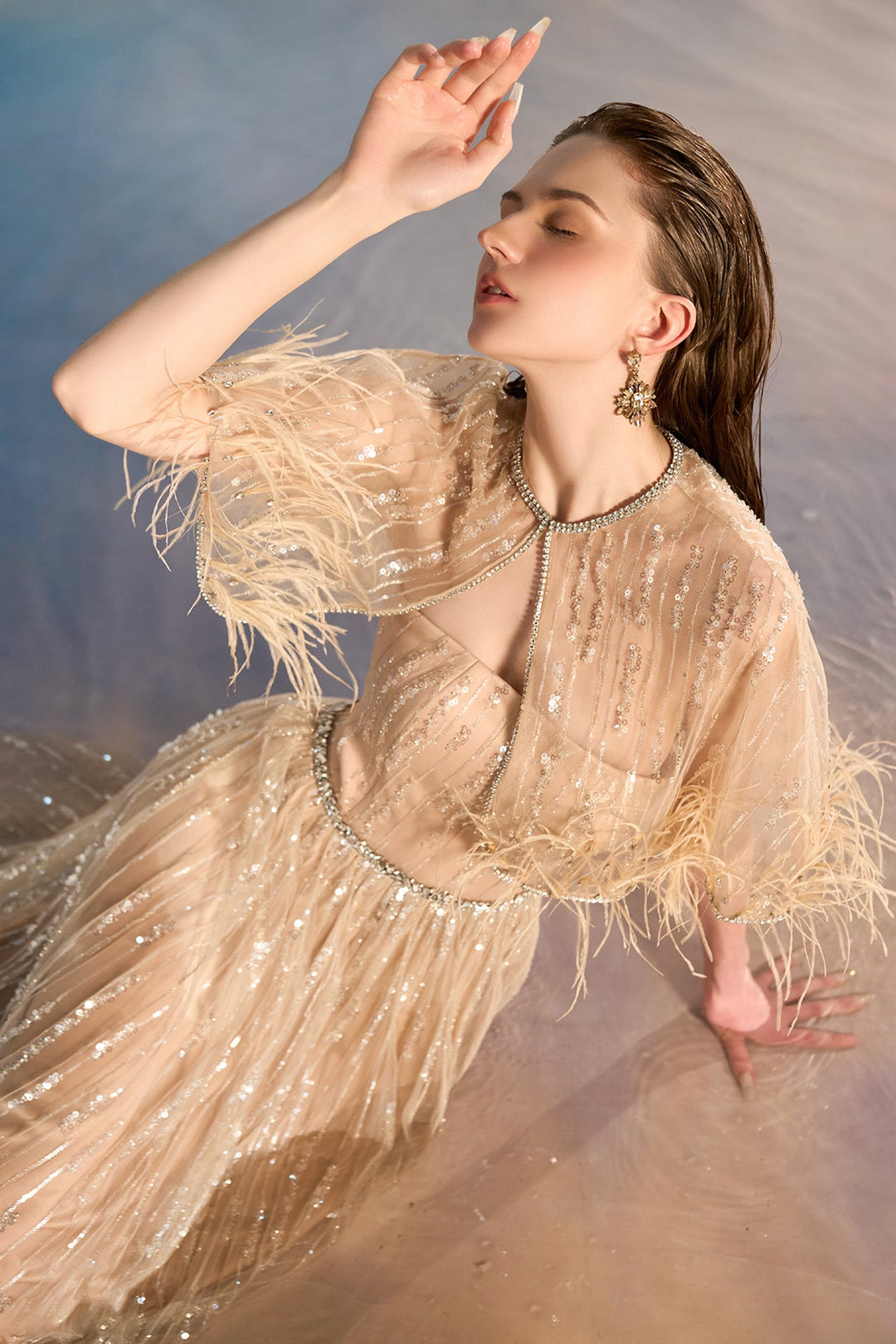 Beige Sequin Lace Pleated Dress Beige / US 12 Beige Sequin Lace Pleated Dress Beige / US 12