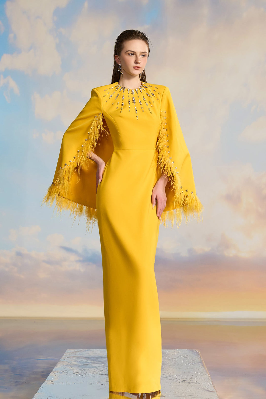 Yellow Crepe Cape Sleeve Dress M.R DESIGN Yellow Crepe Cape Sleeve Dress M.R DESIGN