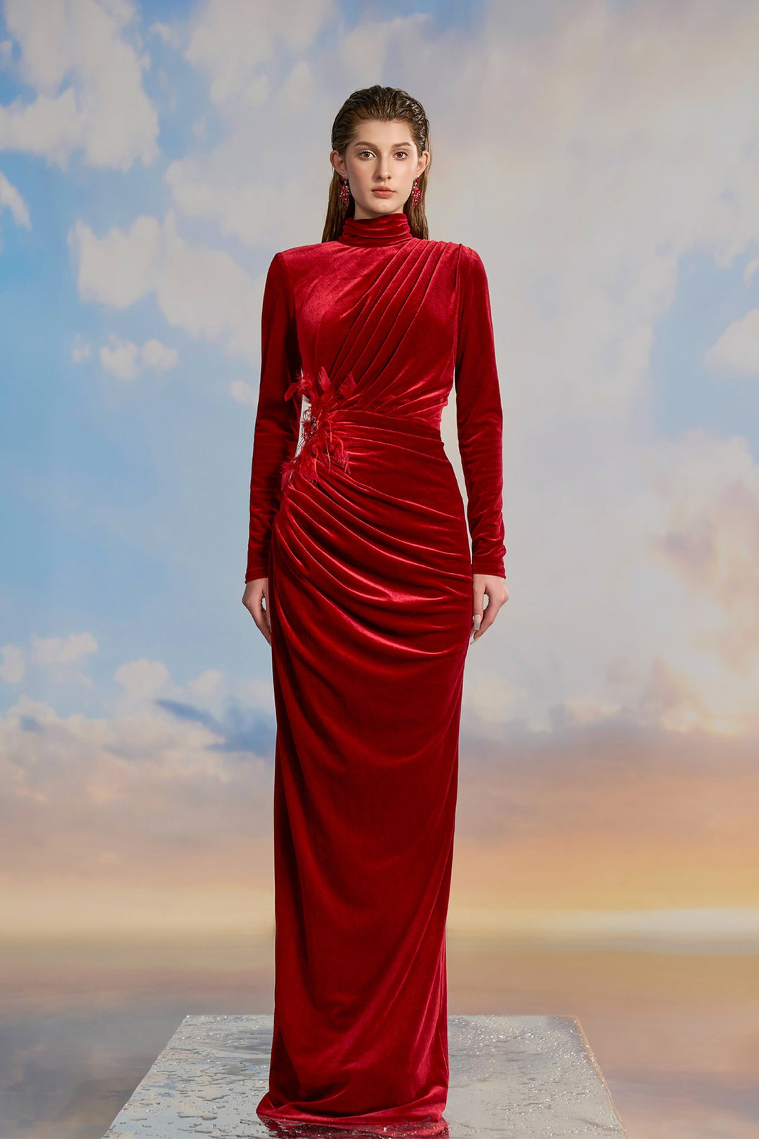 Red Velvet Turtleneck Dress