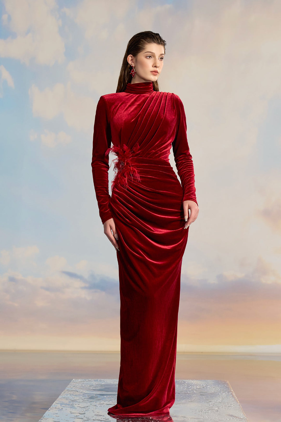 Red Velvet Turtleneck Dress