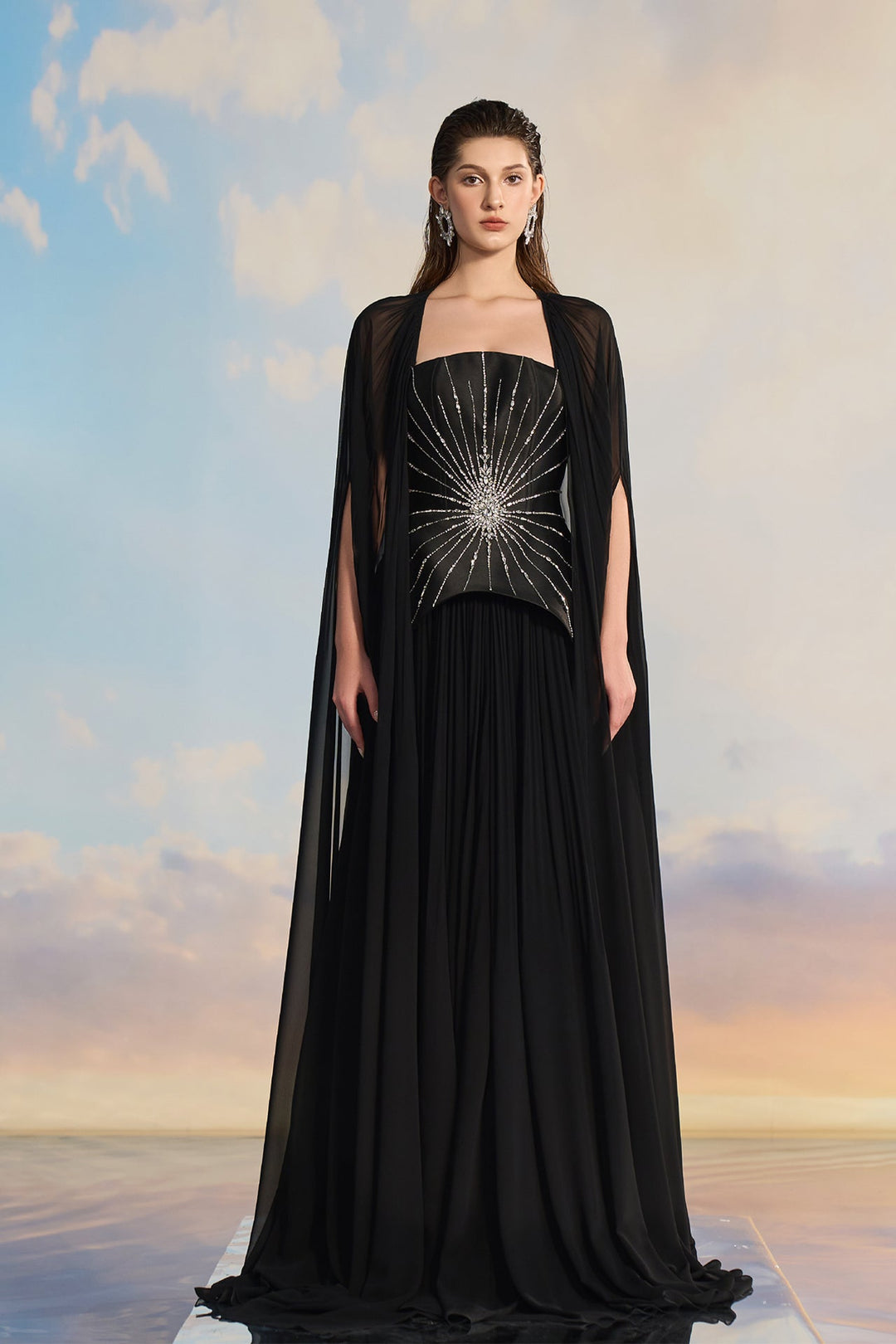 Black Evening Dress with Cape and Starburst Detail Black / US 8 Black Evening Dress with Cape and Starburst Detail Black / US 8