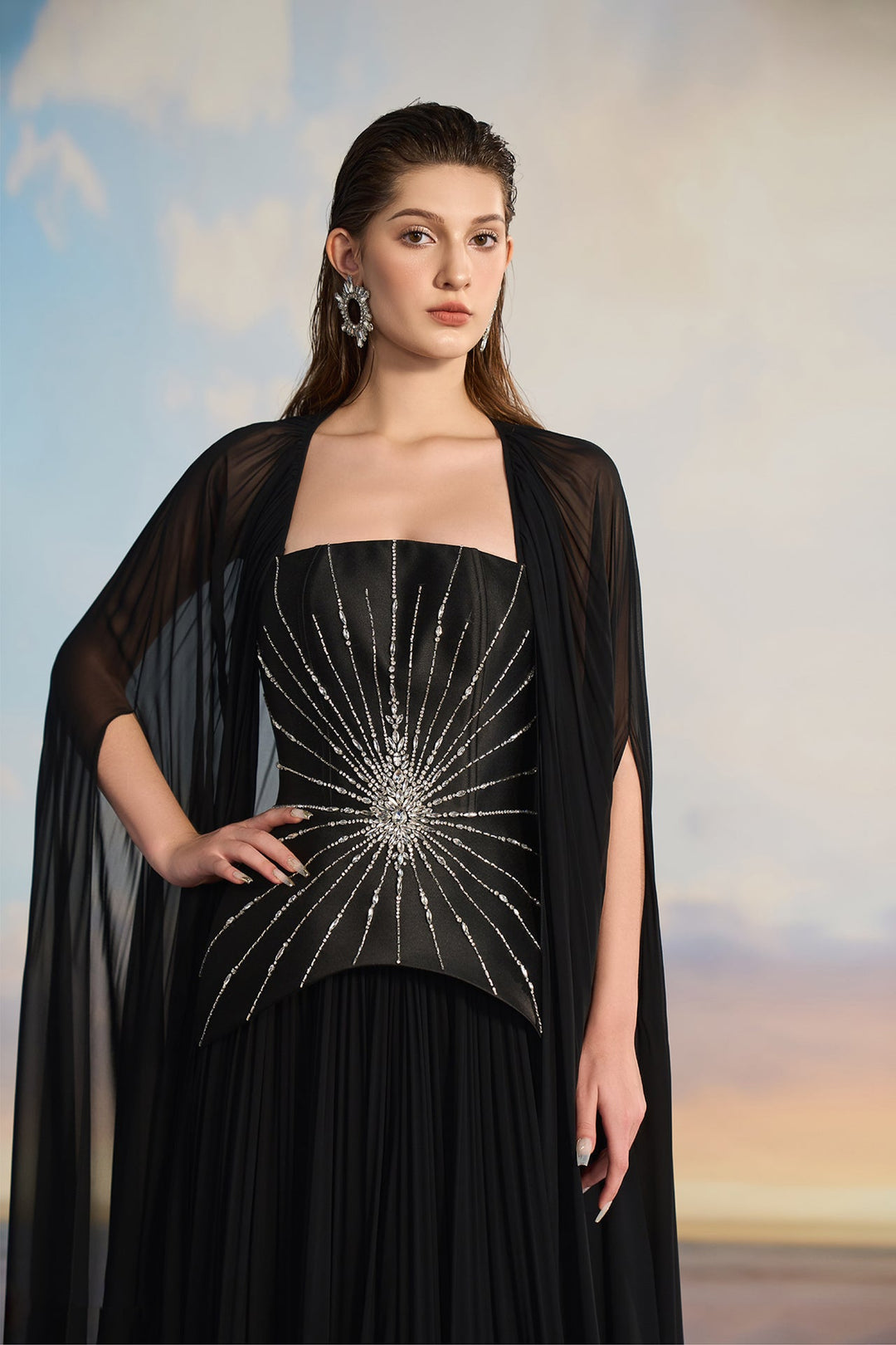 Black Evening Dress with Cape and Starburst Detail