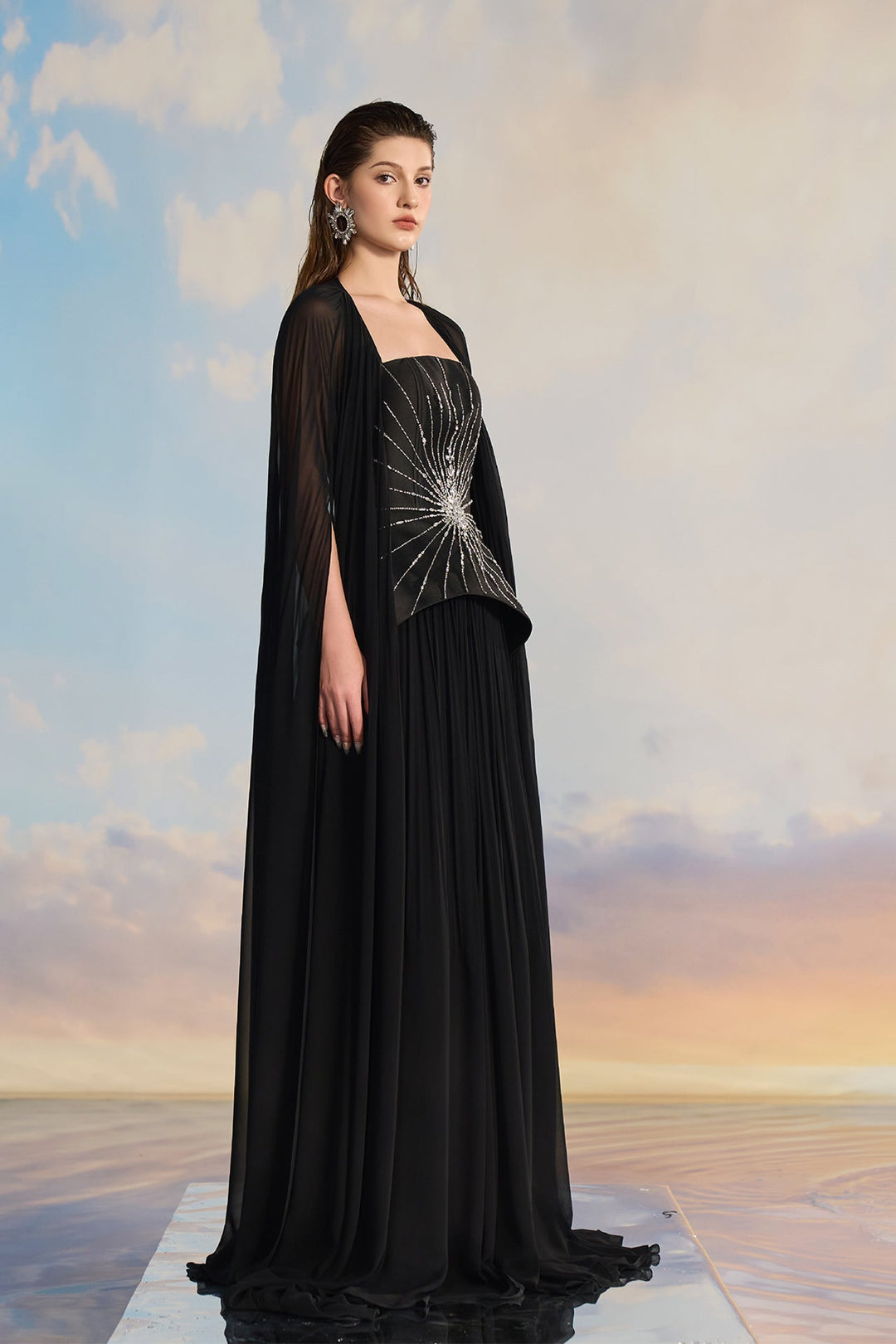 black formal dress with cape BLACK STRAPLESS BUSTIER VELVET GOWN WITH LONG CAPE | CULT MIA