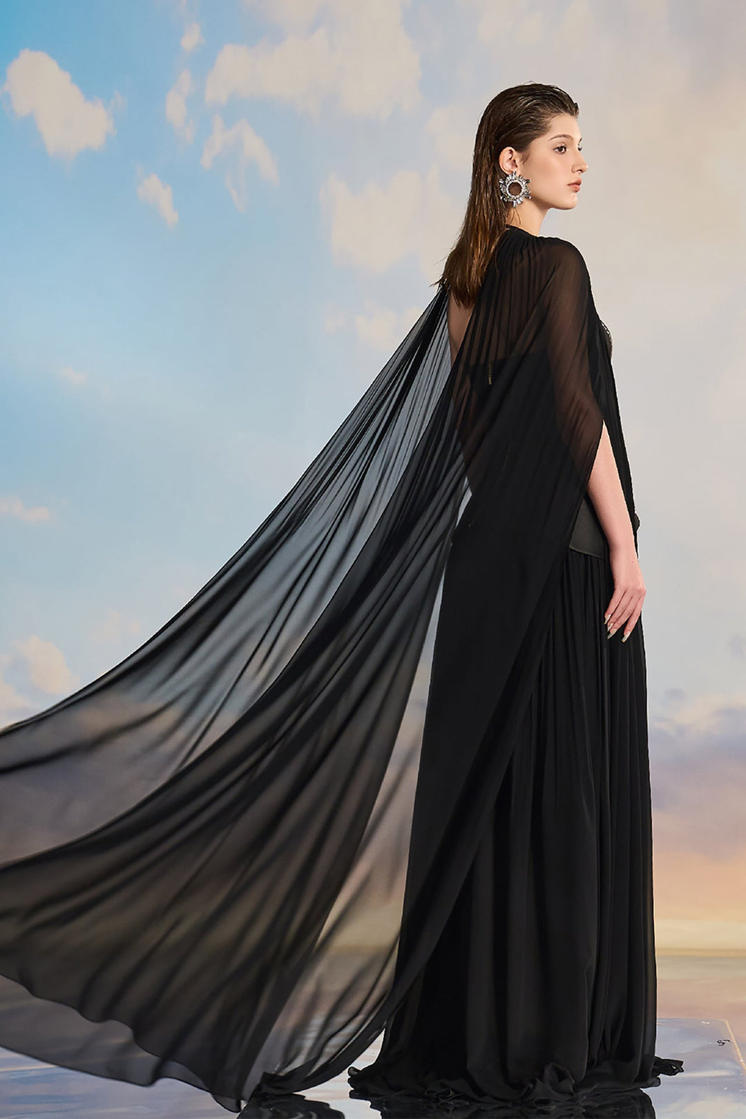 Black Evening Dress with Cape and Starburst Detail M.R DESIGN Black Evening Dress with Cape and Starburst Detail M.R DESIGN
