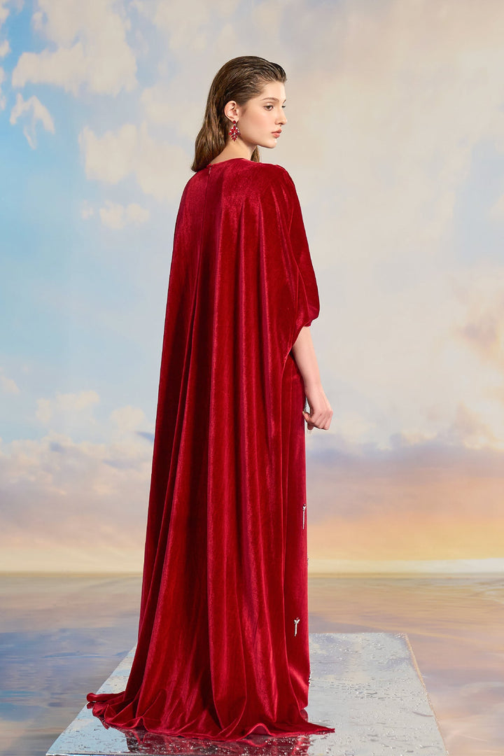 Velvet Cape-Sleeve Embellished Dress