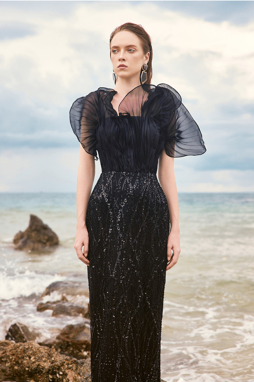 strapless column dress Gold Floral Embellished 100% Silk Lining Strapless Column Dress in Black