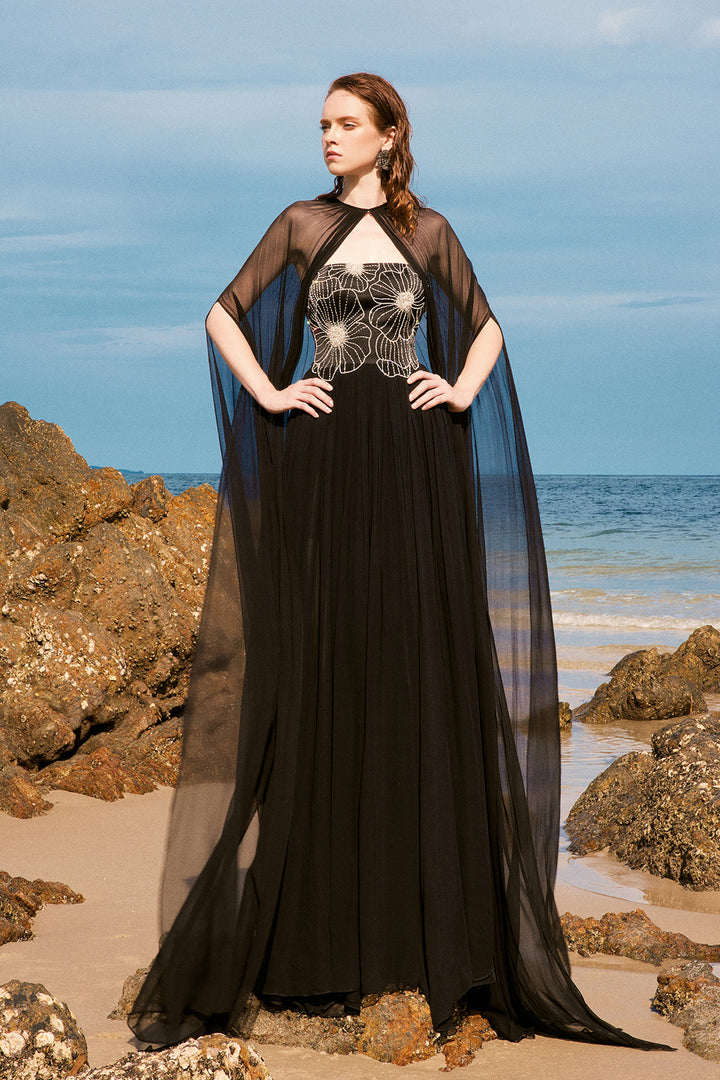 Strapless Chiffon Dress With Long Cape