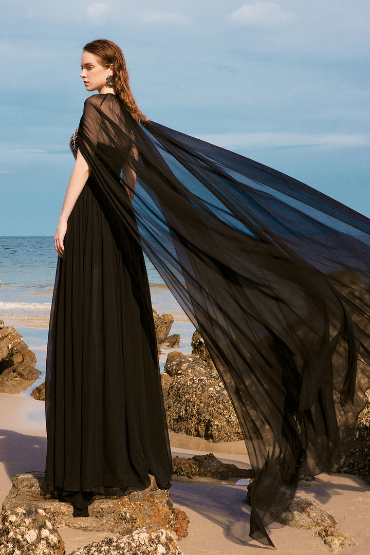 Strapless Chiffon Dress With Long Cape