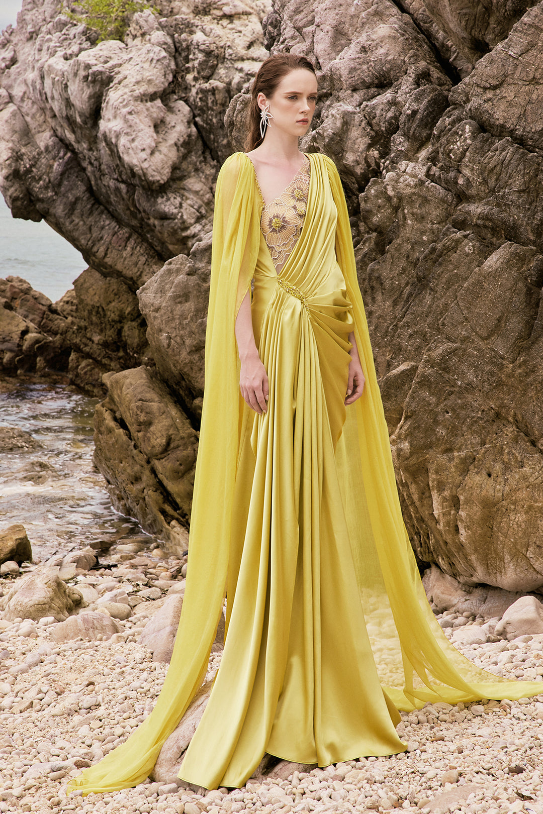 Plated satin dress with cape bell sleeves Yellow / US 8 Plated satin dress with cape bell sleeves Yellow / US 8