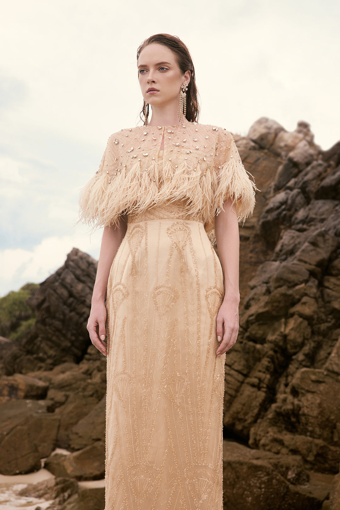 Short Cape Column Dress With Feathers Beige / US 18 Short Cape Column Dress With Feathers Beige / US 18