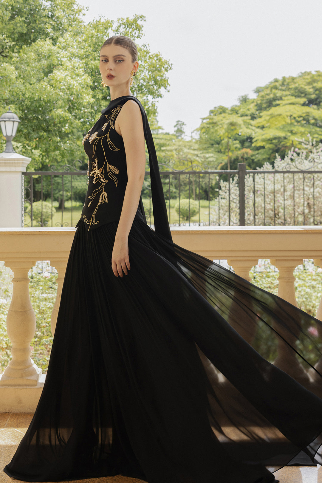 embellished chiffon dress Elegant Teal Green Chiffon Evening Gown with Cape Sleeves
