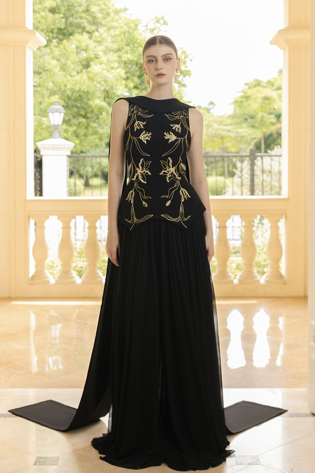 Crepe and Chiffon Dress with Embellished Scarf Detail Black / US 10 Crepe and Chiffon Dress with Embellished Scarf Detail Black / US 10