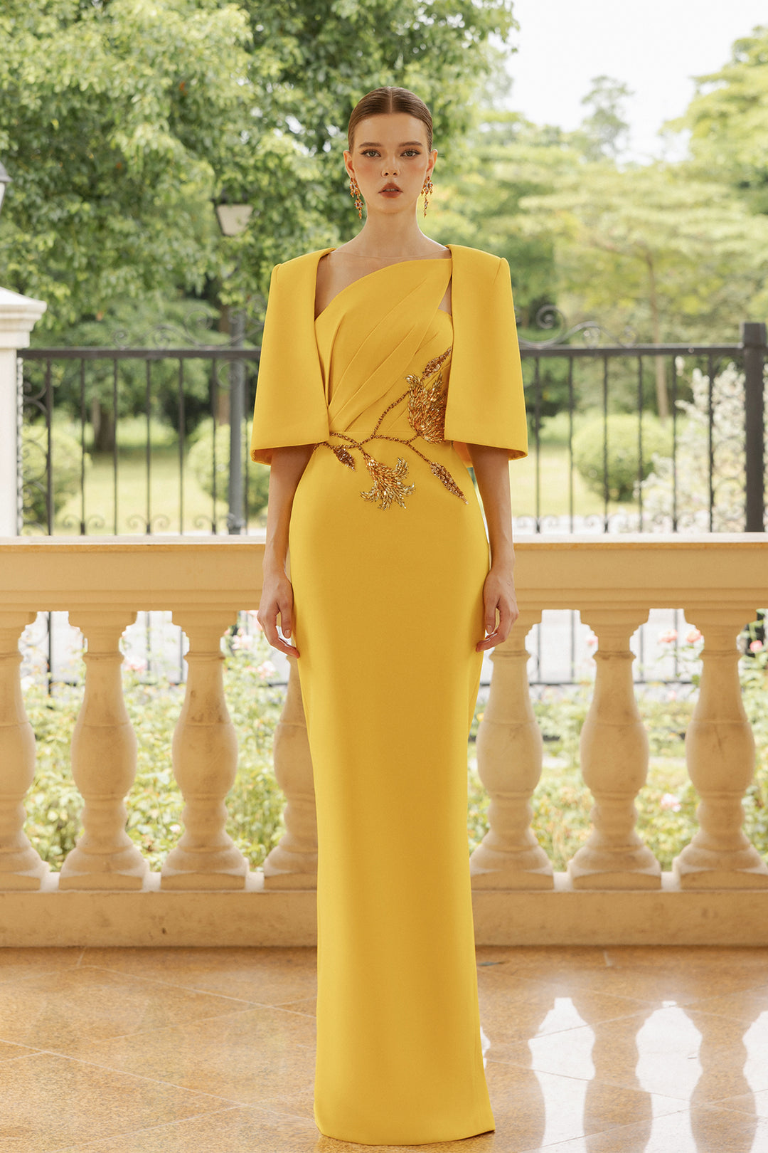 Floral-Inspired Bodycon Dress with Cape and Embellishments Yellow / US 12 Floral-Inspired Bodycon Dress with Cape and Embellishments Yellow / US 12