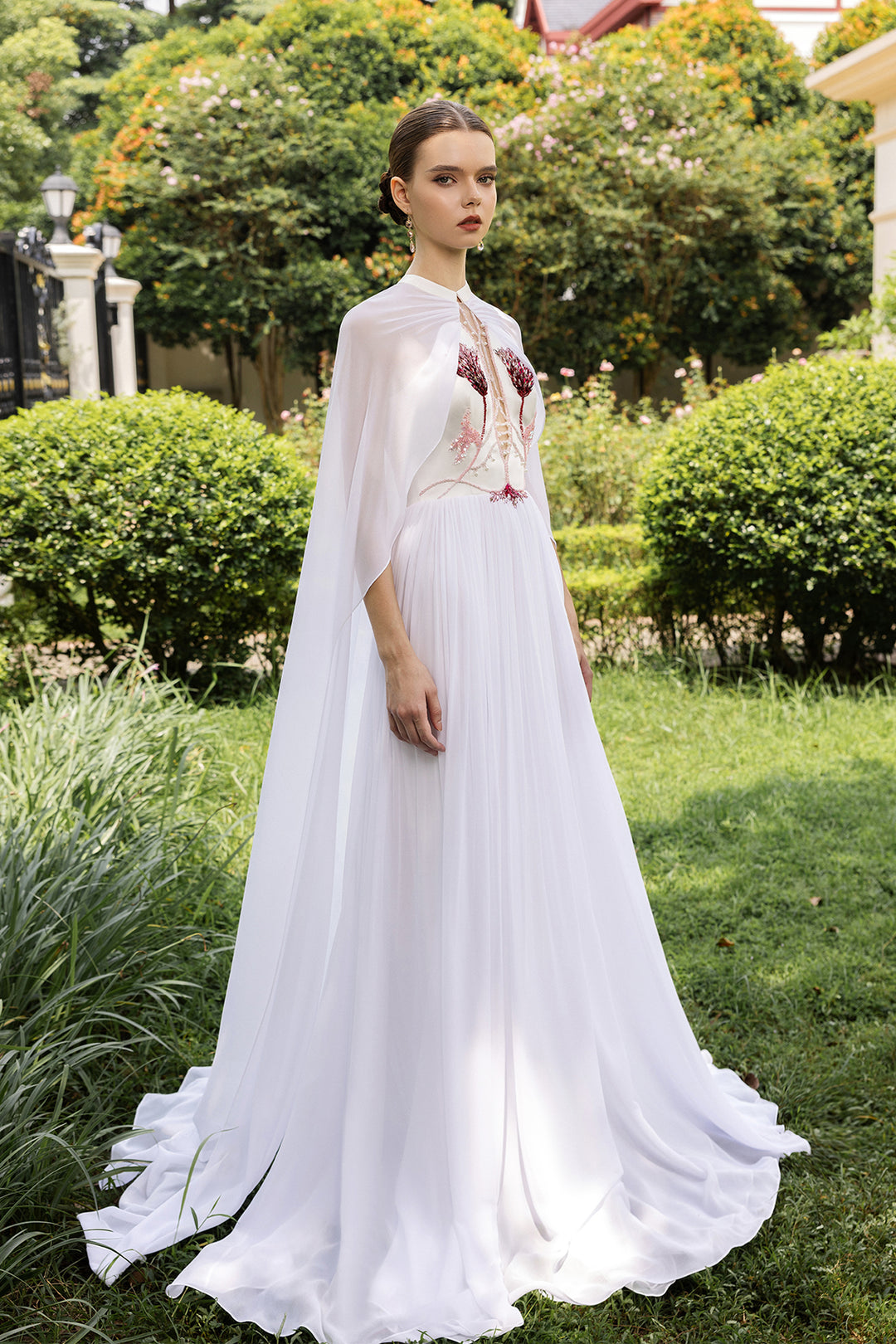 cape dress chiffon Floor Length Chiffon Cape SML / Pink Carnation