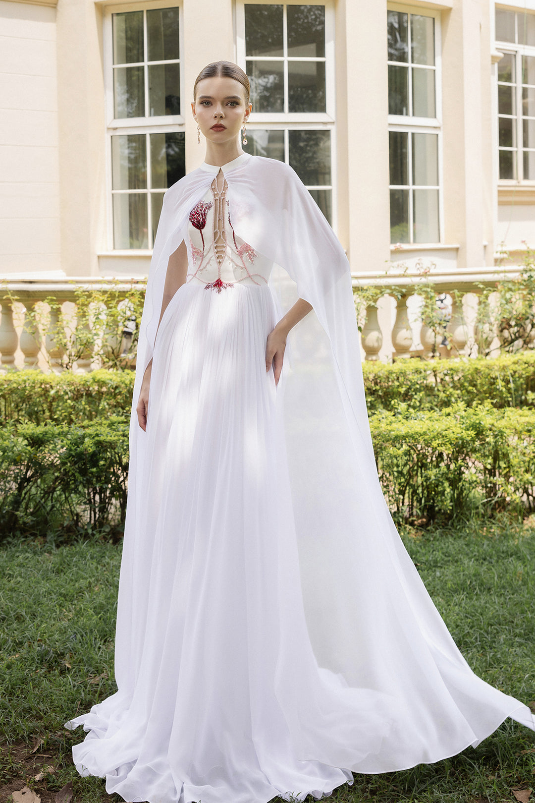 Chiffon Dress with Flowing Cape and Floral Embellishments White / US 12 Chiffon Dress with Flowing Cape and Floral Embellishments White / US 12
