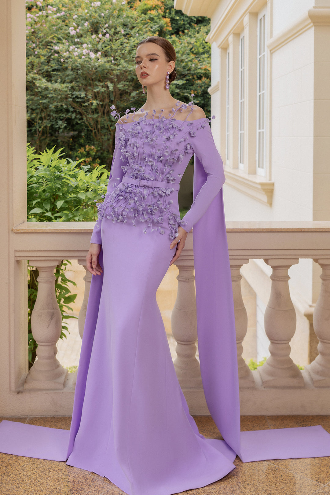 floral mermaid dress Off-Shoulder Mermaid Dress with Floral Embellishments Violet / US 4
