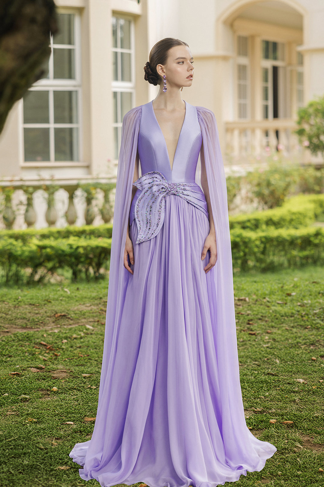 Flowing Evening Dress with Deep V-Neck and Side Bow Embellishment Blue Carrolina / US 22 Flowing Evening Dress with Deep V-Neck and Side Bow Embellishment Blue Carrolina / US 22