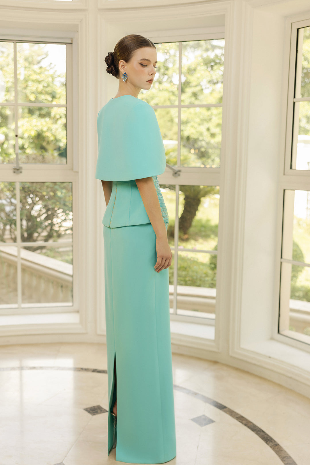 Corset Peplum Dress with Mini Cape and Beaded Detail Aqua / US 20 Corset Peplum Dress with Mini Cape and Beaded Detail Aqua / US 20