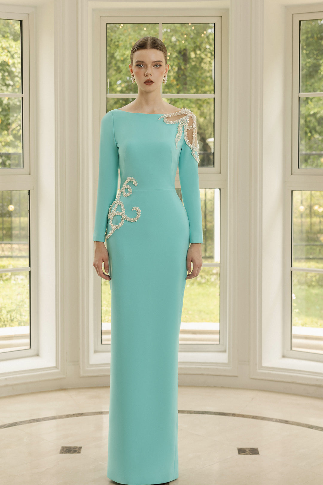 Bodycon Dress with Floral Cut-Out and Hand-Embellishments Aqua / US 18 Bodycon Dress with Floral Cut-Out and Hand-Embellishments Aqua / US 18