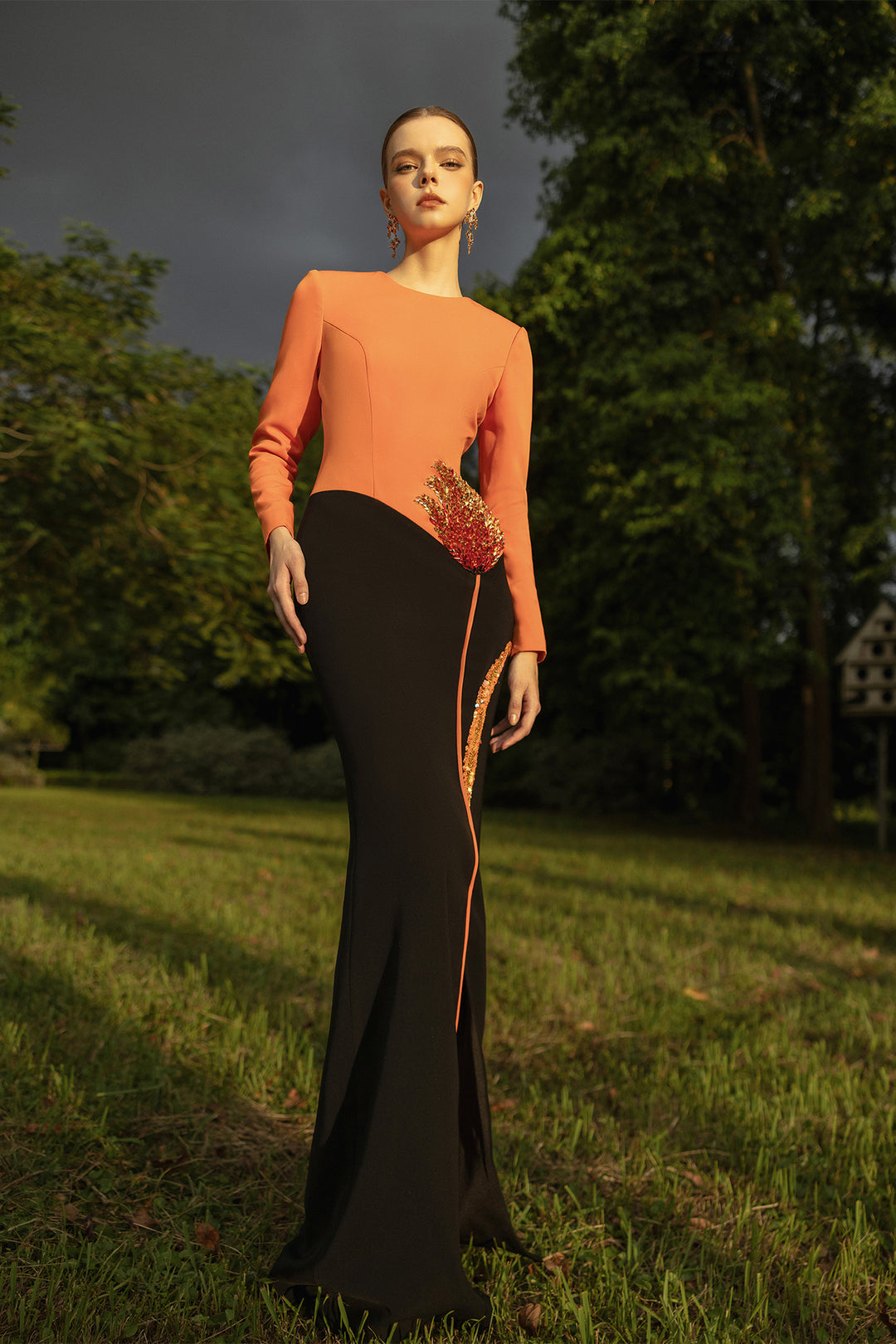 asymmetrical floral slit dress Bodycon Evening Dress with Asymmetrical Slit and Floral Embellishment Orange & Black / US 12