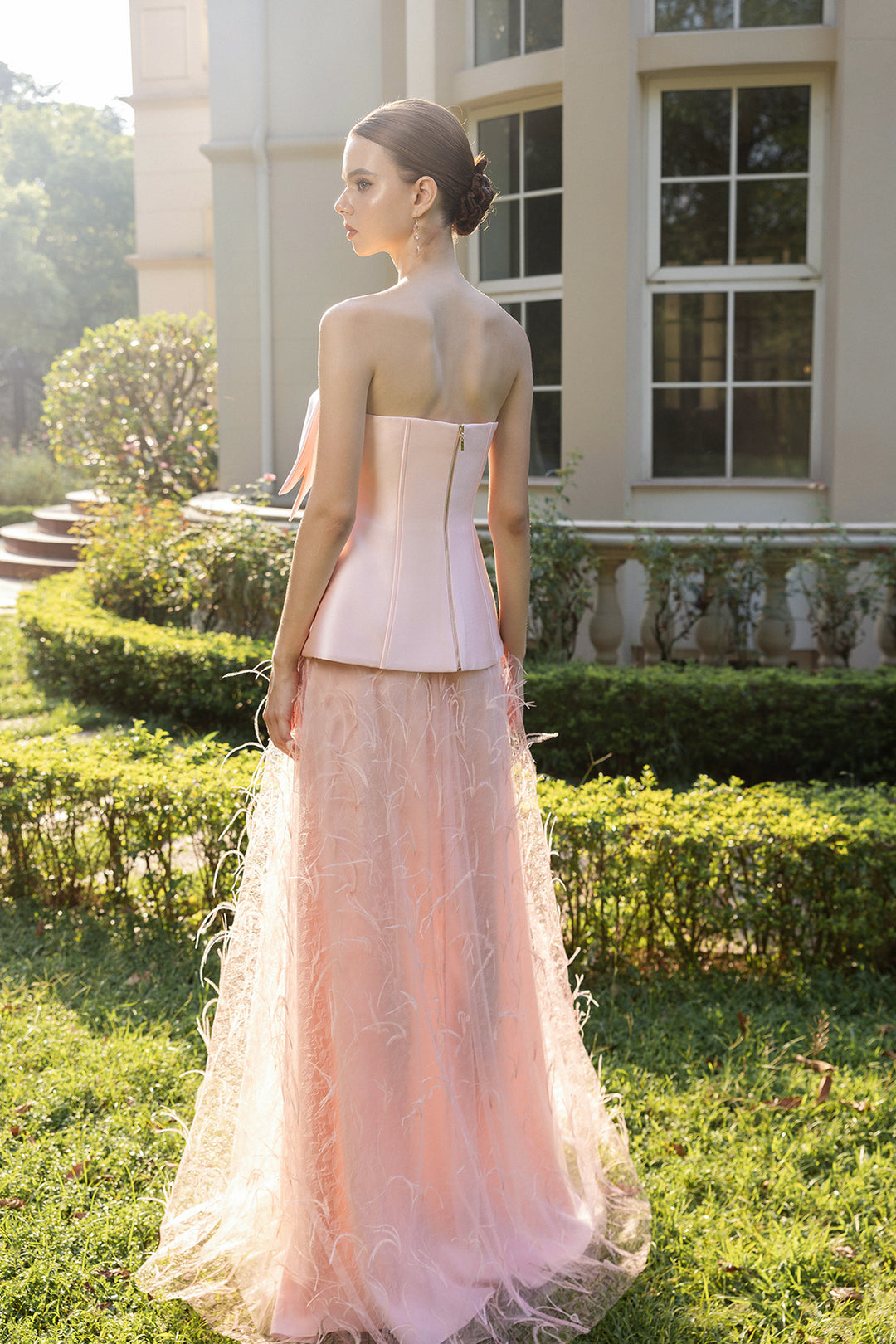 Strapless Peplum Dress with 3D Bow and Feather Details Light Pink / US 12 Strapless Peplum Dress with 3D Bow and Feather Details Light Pink / US 12