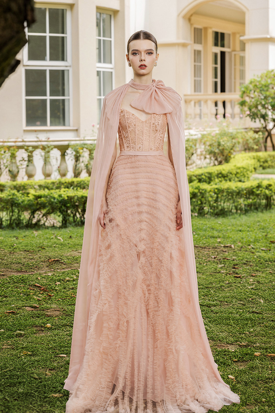 Lace and Tulle Dress with Spaghetti Straps and Oversized Bow Cape Light Pink / US 8 Lace and Tulle Dress with Spaghetti Straps and Oversized Bow Cape Light Pink / US 8
