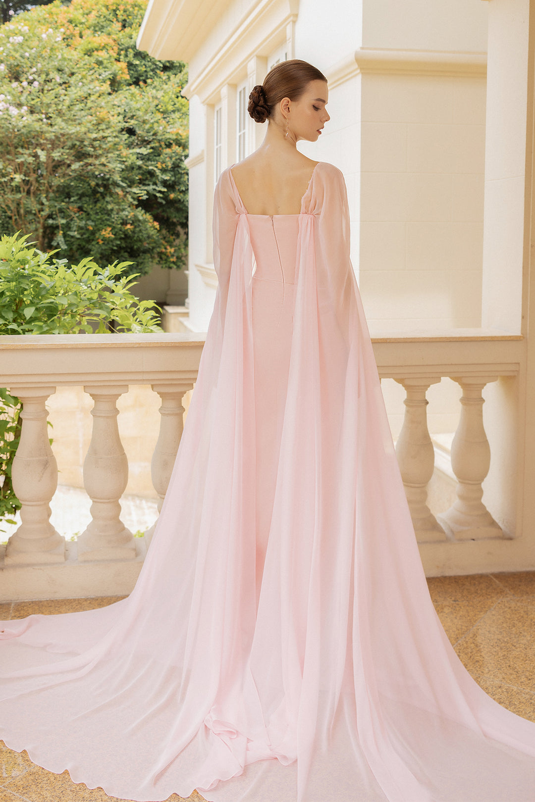 Silk and Chiffon Dress with Asymmetrical Slit and Embroidered Details Light Pink / US 14 Silk and Chiffon Dress with Asymmetrical Slit and Embroidered Details Light Pink / US 14