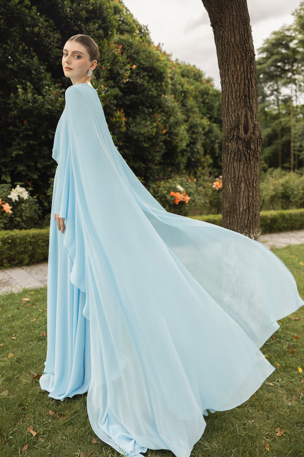 Draped Long-Sleeve Chiffon Dress Aqua / US 22 Draped Long-Sleeve Chiffon Dress Aqua / US 22