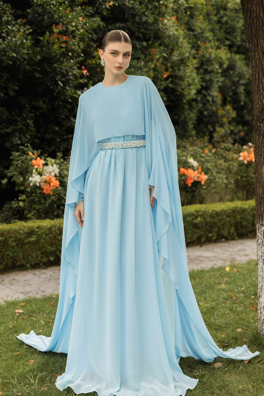 Draped Long-Sleeve Chiffon Dress Aqua / US 22 Draped Long-Sleeve Chiffon Dress Aqua / US 22