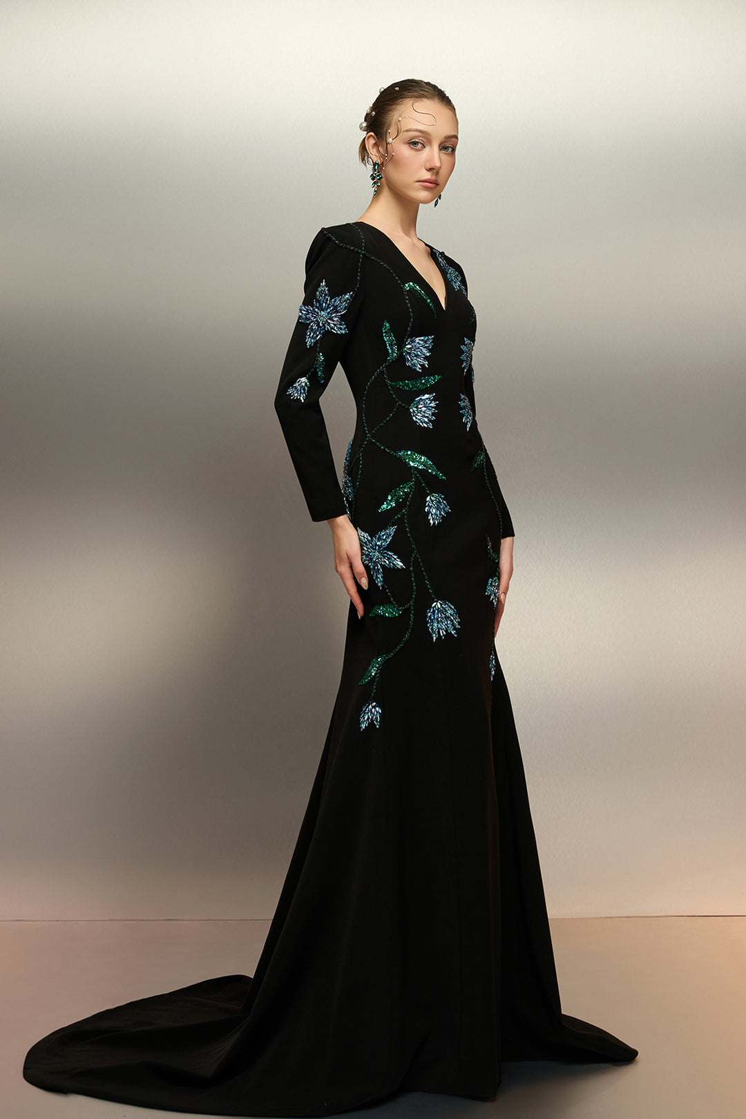 Mermaid Crepe Dress with Crystal Motifs