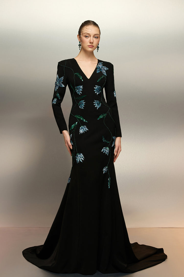 Mermaid Crepe Dress with Crystal Motifs