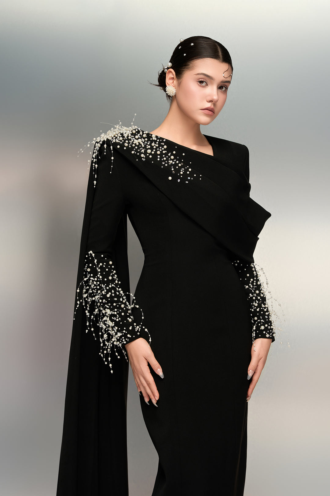 Draped Shoulder Crepe Dress