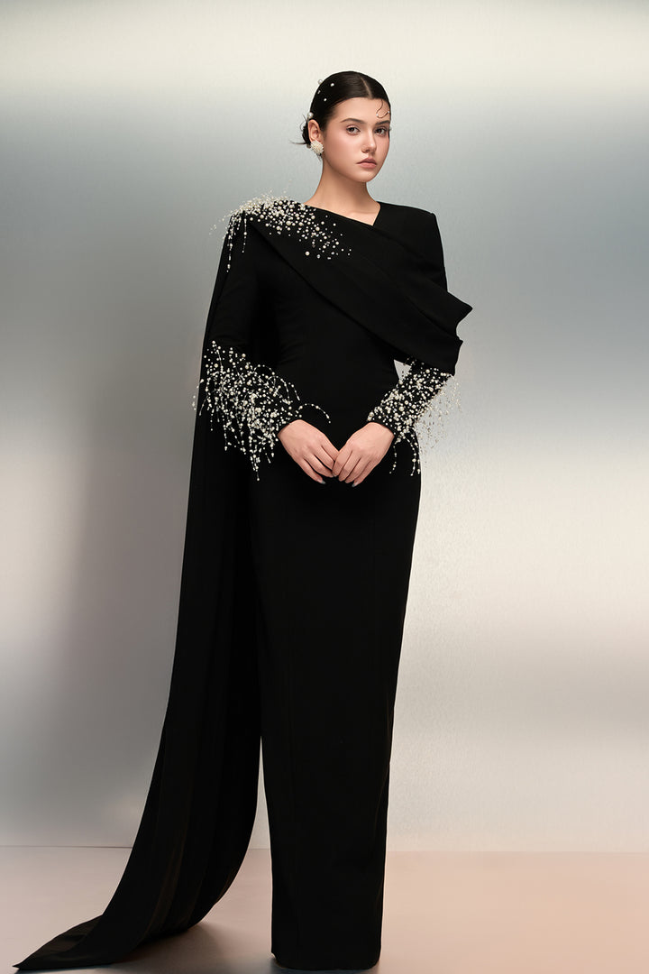 Draped Shoulder Crepe Dress