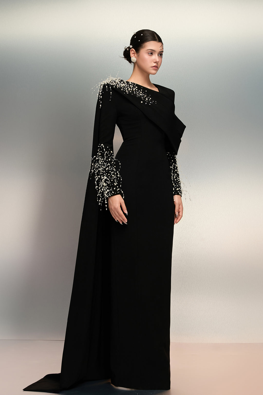 Draped Shoulder Crepe Dress