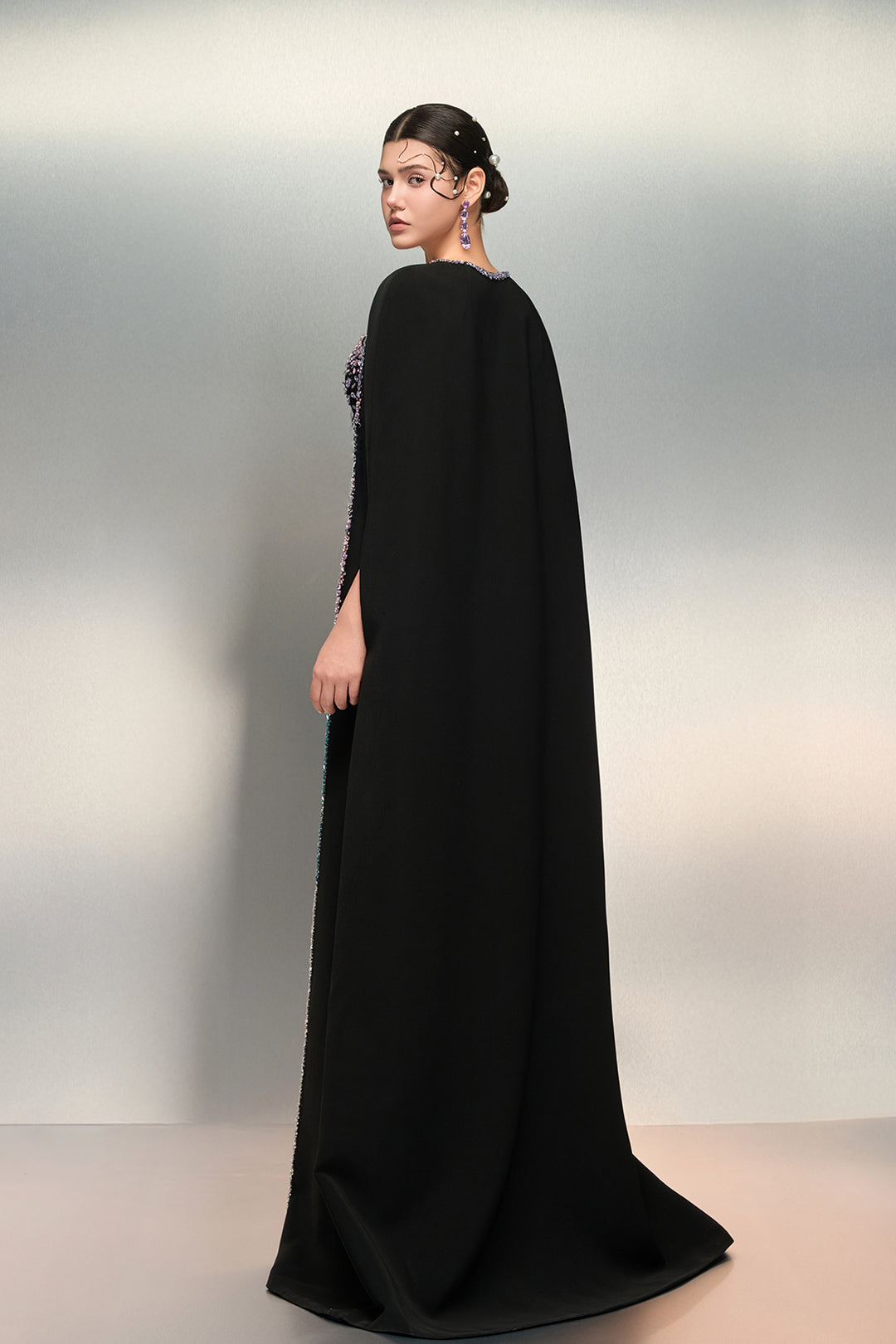 Cape-Detail Crepe Dress with Crystal Bodice