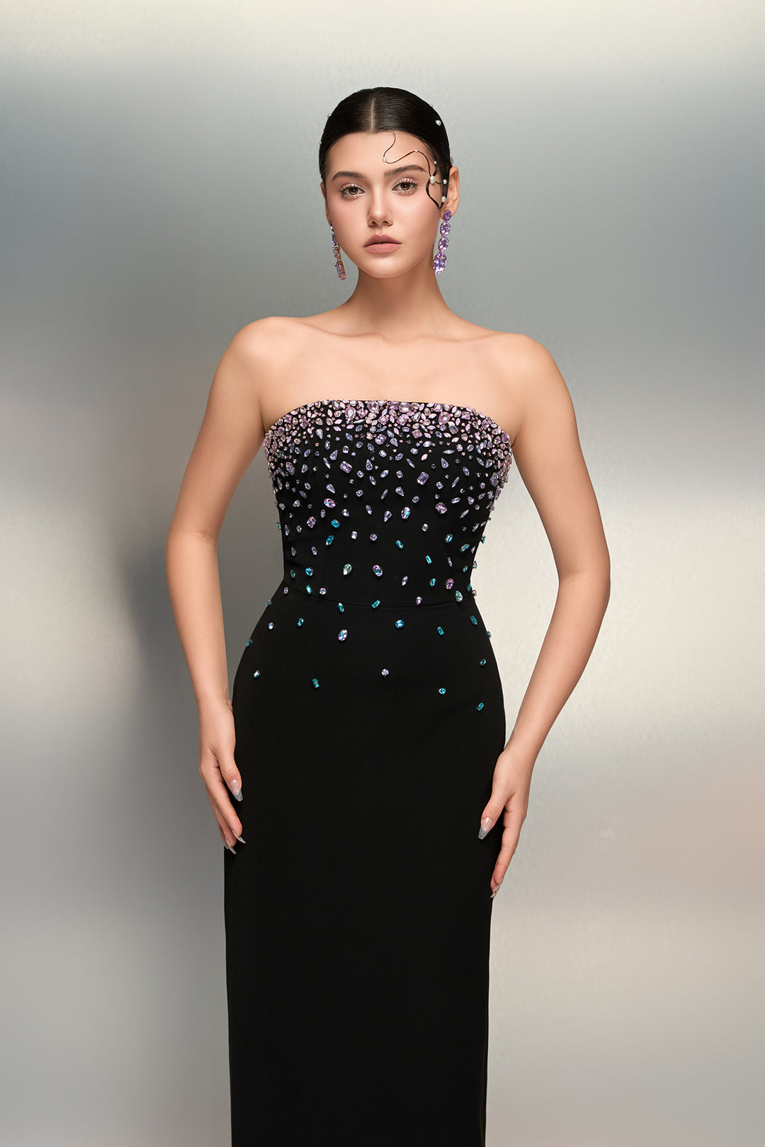 Cape-Detail Crepe Dress with Crystal Bodice