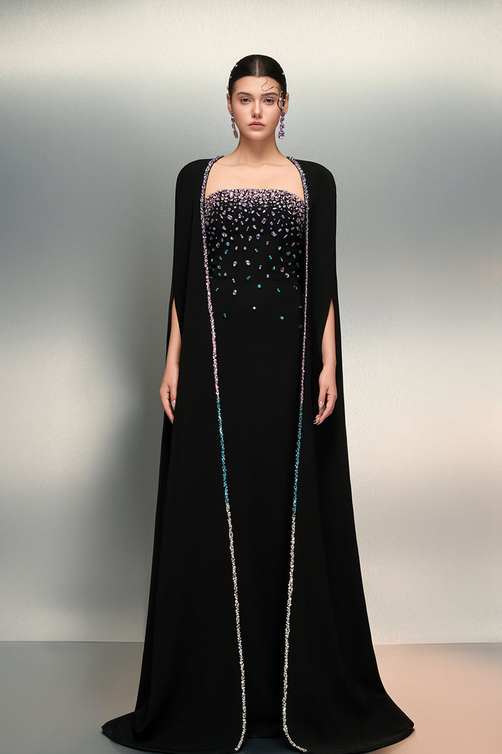 Cape-Detail Crepe Dress with Crystal Bodice