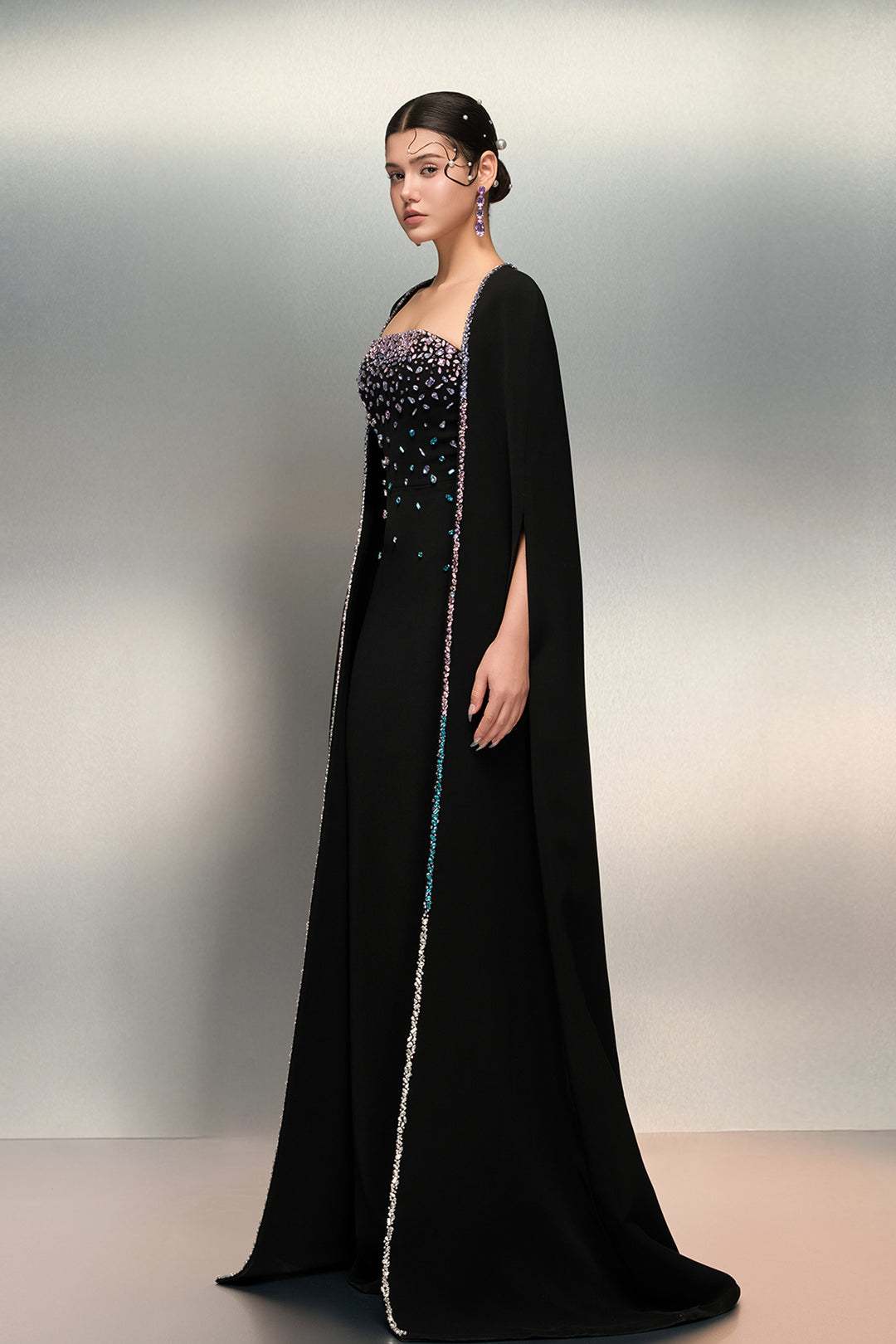 Cape-Detail Crepe Dress with Crystal Bodice