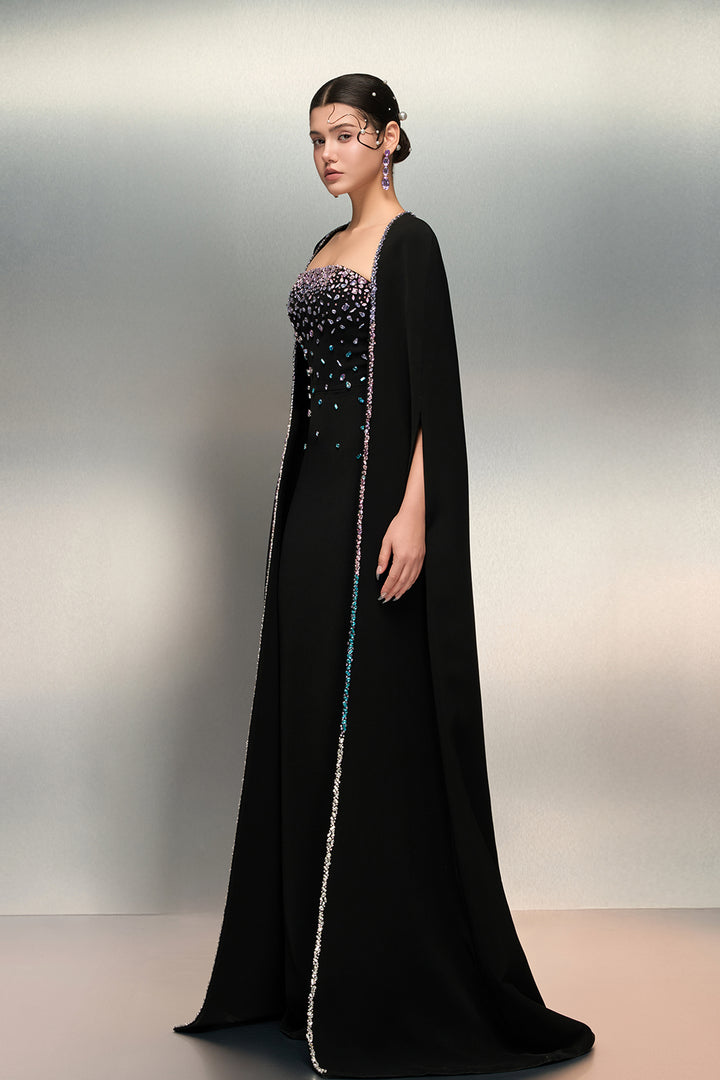 Cape-Detail Crepe Dress with Crystal Bodice