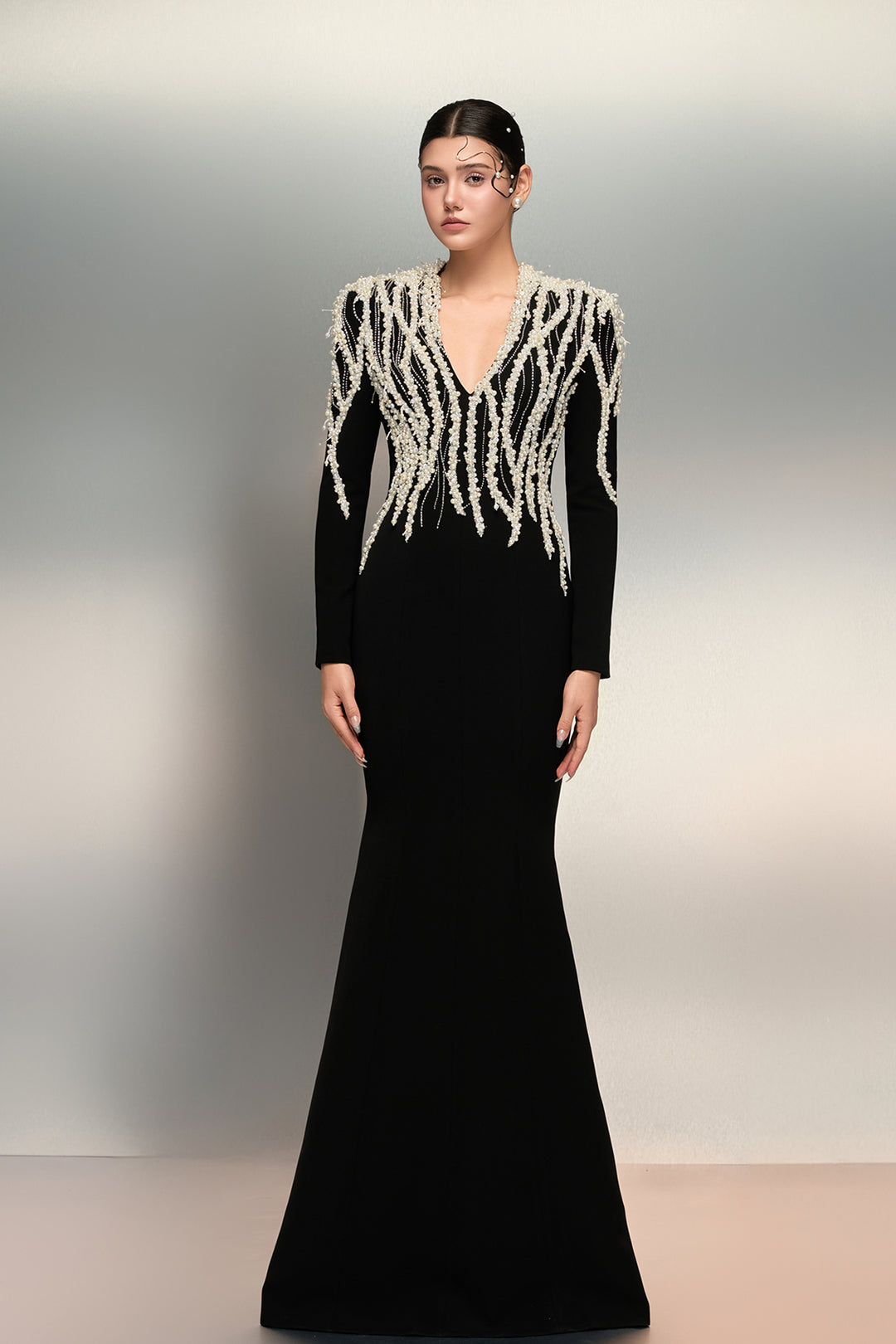 Pearl Embellished Bodice with Crepe Dress Black / US 22 Pearl Embellished Bodice with Crepe Dress Black / US 22