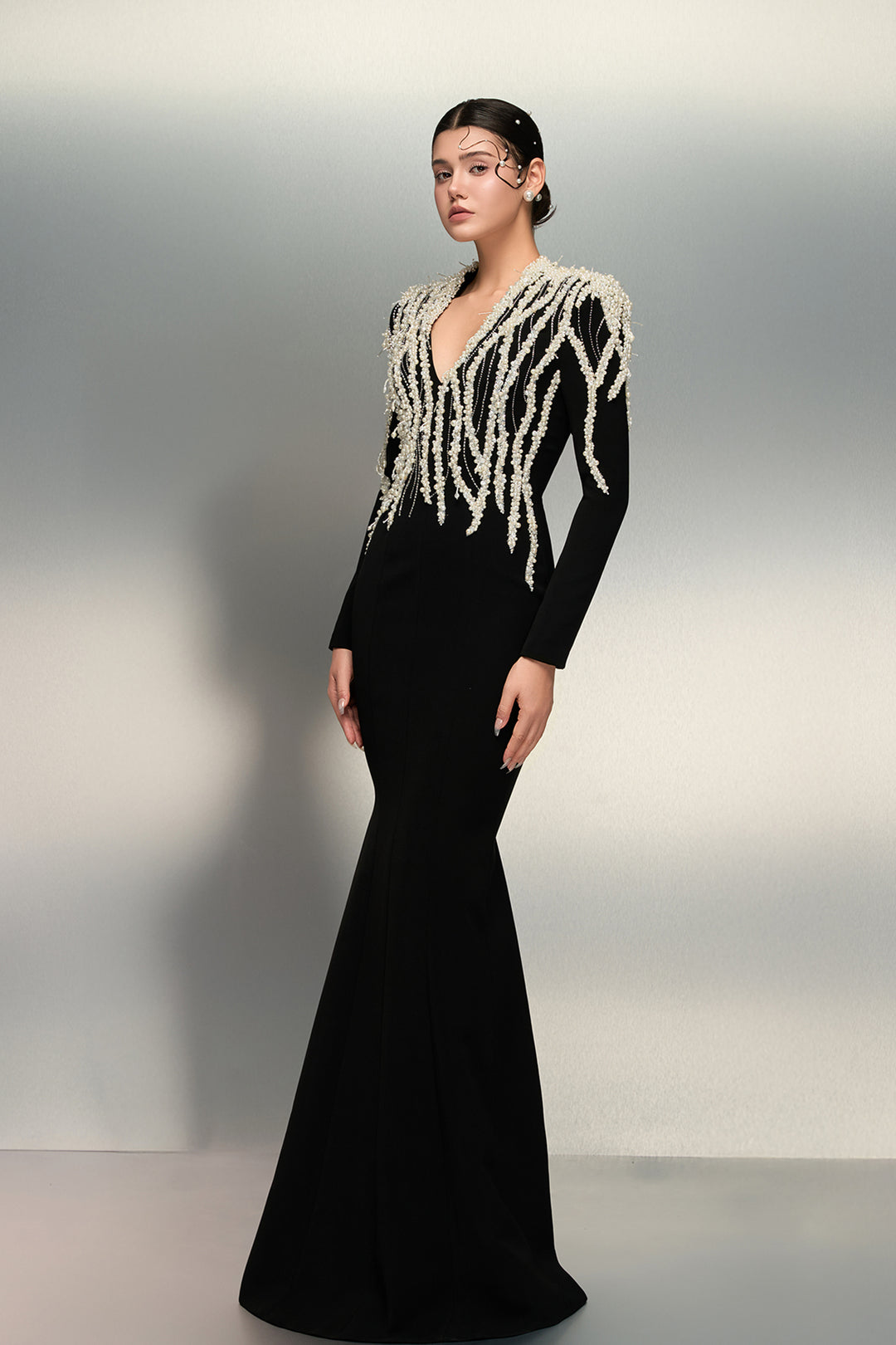 Pearl Embellished Bodice with Crepe Dress