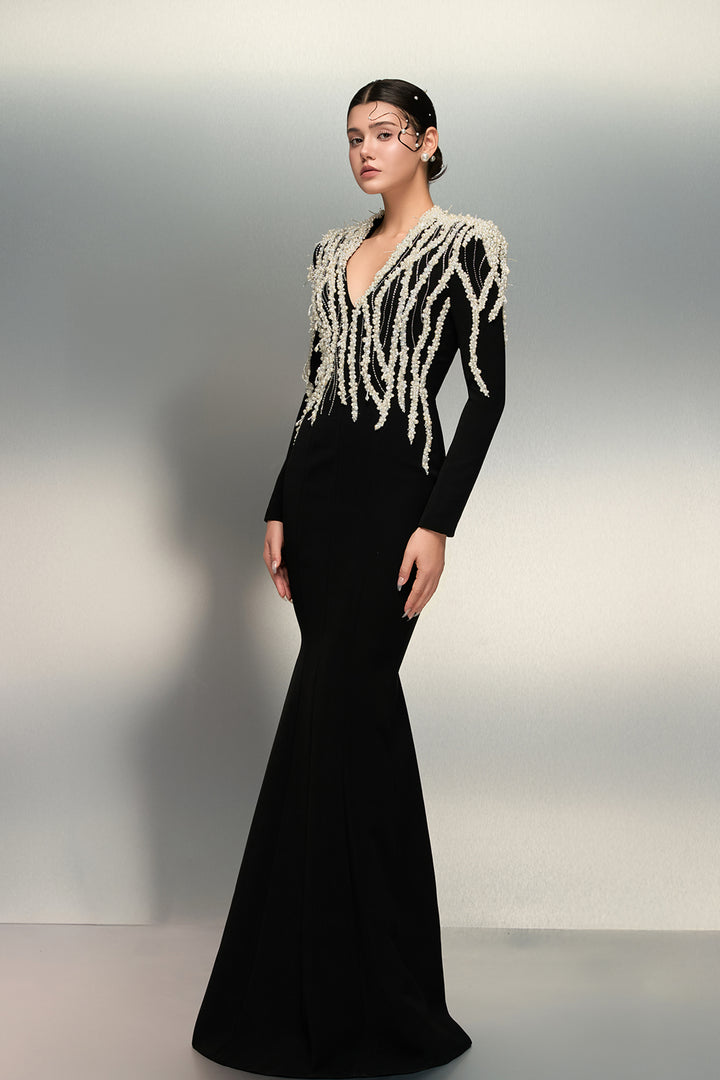 Pearl Embellished Bodice with Crepe Dress