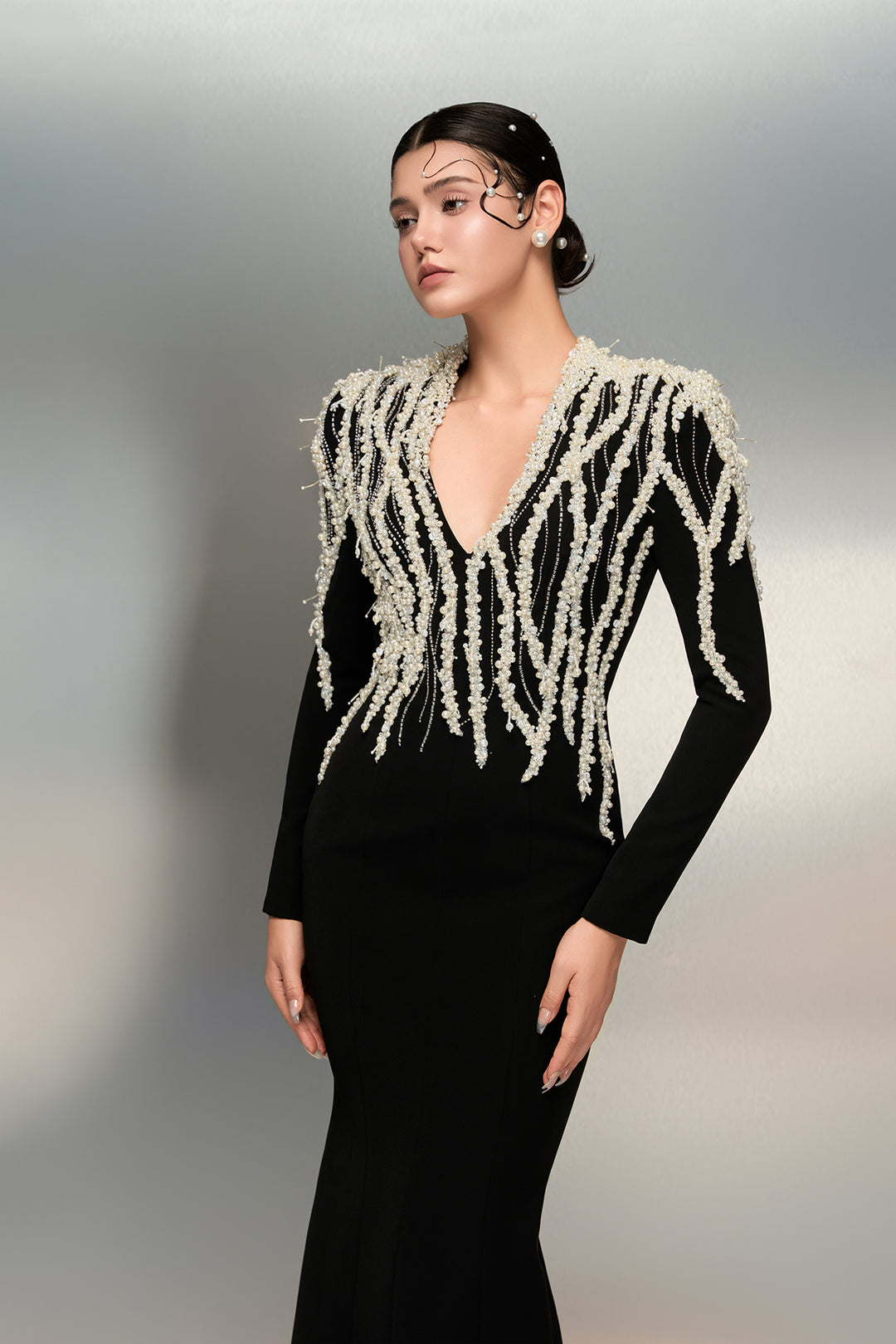 Pearl Embellished Bodice with Crepe Dress