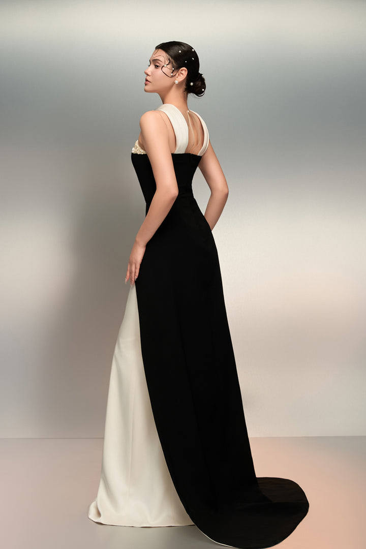 Silk Taffeta Dress with Pearl-Crystal Neckline