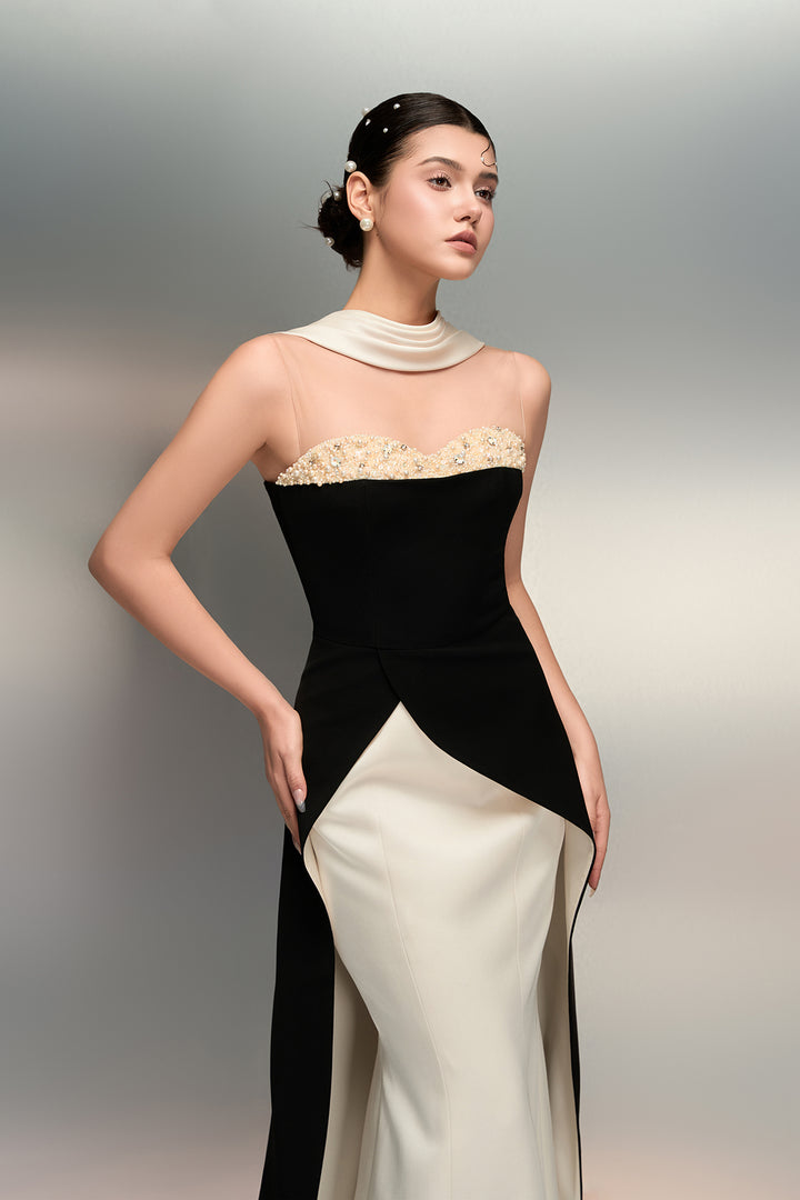 Silk Taffeta Dress with Pearl-Crystal Neckline